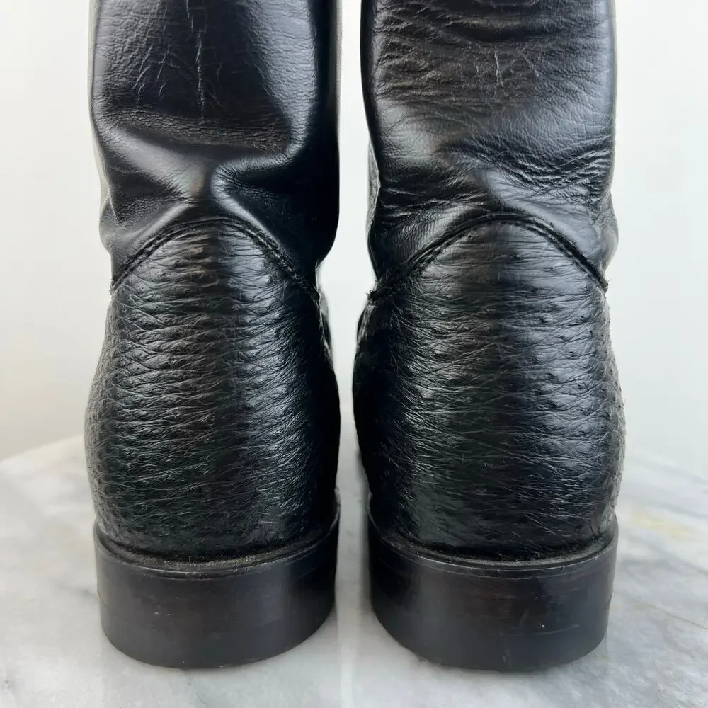 Justin 3172 Men's Exotic Roper Boot Black Smooth Ostrich Foot Roper Toe (Sz 11)